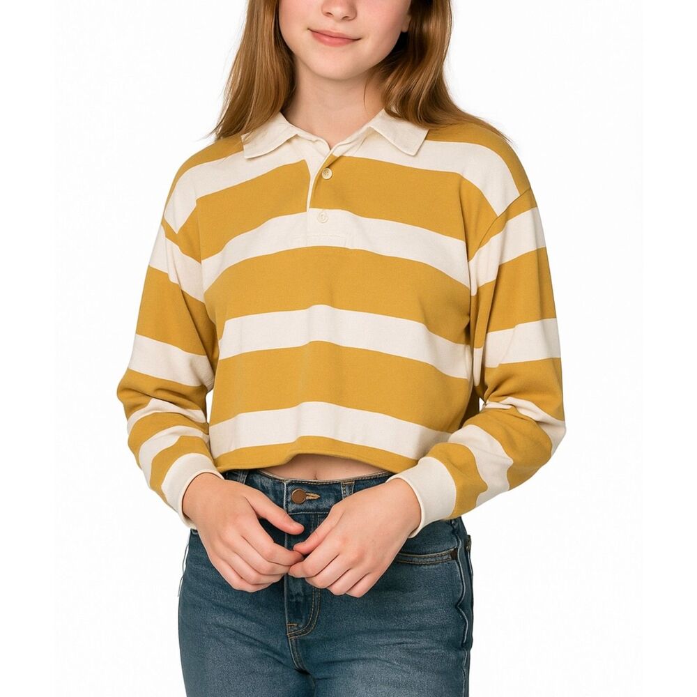 Abercrombie & Fitch Women's Ivory Gold Striped LS Cropped Rugby Shirt Size XS